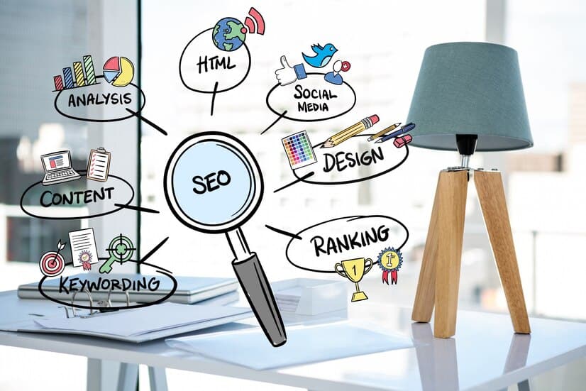 Magnifying Glass with SEO Concepts Collage